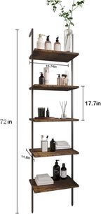 Ladder Shelf 5 Tiers Metal Industrial Bookshelf,Rustic Brown Wood Tall Open Storage Rack and Display Shelves,Wall Mount Wide Book Case for Home Office Bedroom,Small