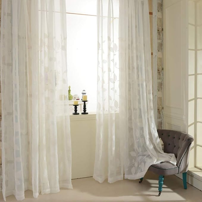White Rod Pocket Sheer Curtains 96 inches Long Leaves Embroidered Window Curtain Sheer Voile Panels for Living Room & Bedroom, 60x96,Two Panels