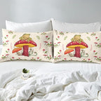 Feelyou Frog Print Bedding Set Kids Kawaii Decor Comforter Set Frog Mushrooms Comforter for Room Decor Botanica Cute Mushroom Decor Beige Red Duvet Set King Size 3Pcs Quilt Boys