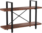 HSH Natural Real Wood Bookshelf, 2 Tier Small Rustic Vintage Industrial Etagere Bookcase, Low Open Metal Farmhouse Solid Wooden Book Shelf, 2 Shelf Bookcase for Living Room Bedroom, Distressed Brown