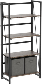 4NM No-Assembly Folding Bookshelf Storage Shelves 4 Tiers Vintage Bookcase Standing Racks Study Organizer Home Office (Rustic Brown and Black)