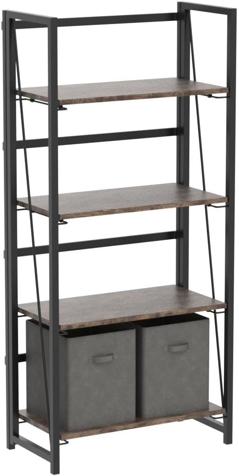 4NM No-Assembly Folding Bookshelf Storage Shelves 4 Tiers Vintage Bookcase Standing Racks Study Organizer Home Office (Rustic Brown and Black)