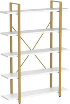 HSH 5 Tier White and Gold Bookshelf, Tall Storage Bookshelves for Bedroom Living Room Office, Metal and Wood Large Book Shelves, Modern Vertical 5 Shelf Bookcase, Farmhouse Big Open Display Book Shelf