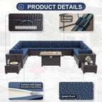 15 PCS Patio Furniture Set with Fire Pit Table Outdoor Sectional Furniture Outdoor Rattan Patio Sofa Conversation Sets with 43in 55,000 BTU Propane Gas Fire Pit Table, Navy Blue
