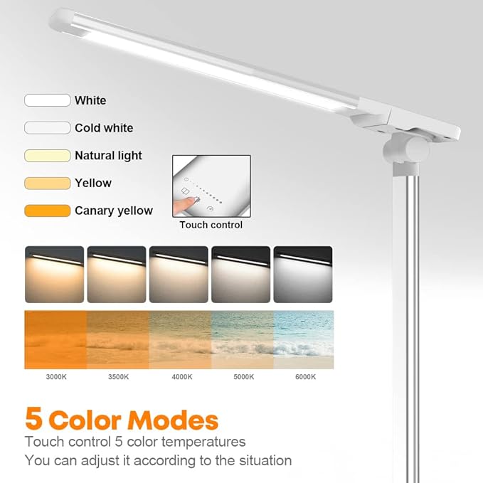 Desk Lamp Eye-Caring LED Table Lamp Dimmable Bedside Lamp with 2 USB Charging Ports and 10 Brightness Levels x 5 Colour Modes Touch Control Daylight Lamp for Office, Bedside, Reading- Auto Timer