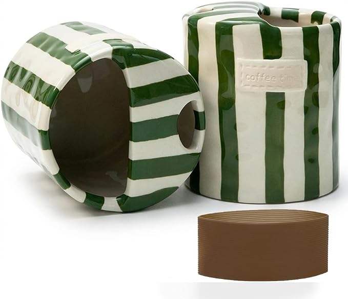Ceramic Coffee Mug with Lid, Ceramic Travel Mug with Straw Hole, 12oz Retro Striped To Go Coffee Mug for Hot & Cold Drinks, Microwave & Dishwasher Safe，Green