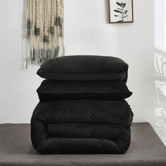 Wellboo Black Velvet Comforter Sets California King Solid Black Fluffy Bedding Comforters Cal King Solid Color Flannel Quilt Women Men Plain Black Comforters Micromink Sherpa Fuzzy Warm Bed Plush