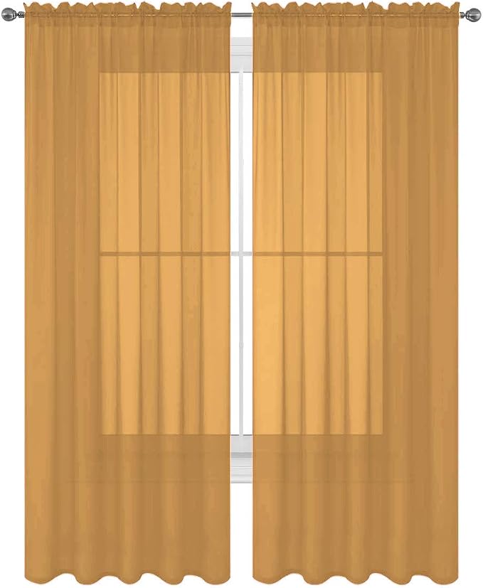 2 Piece Solid Elegant Sheer Curtains Fully Stitched Panels Window Treatment Drape (54" X 36", Gold)