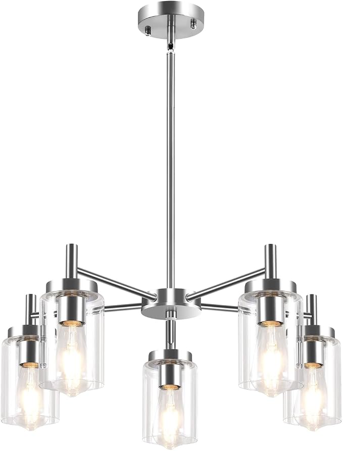 5 Lights Brushed Nickel Modern Farmhouse Chandelier for Dining Room with Glass Shade, Pre-Wired Height Adjustable Pendant Ceiling Lighting Fixture for Dining Living Room Bedroom Kitchen Foyer