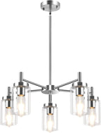 5 Lights Brushed Nickel Modern Farmhouse Chandelier for Dining Room with Glass Shade, Pre-Wired Height Adjustable Pendant Ceiling Lighting Fixture for Dining Living Room Bedroom Kitchen Foyer
