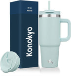 Konokyo 30 oz Insulated Tumbler Water Bottle with Handle, Straw Lid | BPA-free and dishwasher safe; made for gym, travel, coffee and gifting, 2 straws, cup holder friendly,Blue Haze