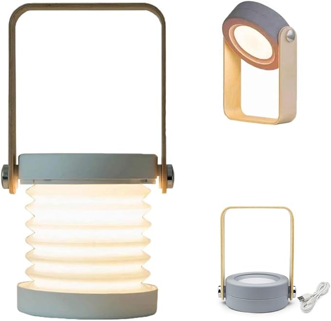 4-in-1 Foldable Table Lamp,USB Retractable LED Light,Wooden Handle Portable Lantern Light and Flashlight,Touch Control Dimmable 3 Level Brightness Night Light for Reading, Outdoor Camping (Grey)
