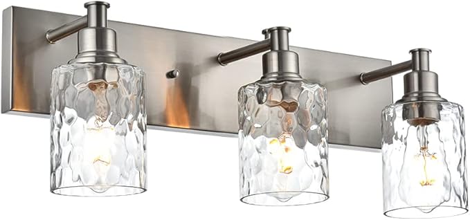 BONLICHT Bathroom Vanity Light Fixtures 3 Lights Modern Wall Sconce Brushed Nickel with Metal Base and Hammered Glass Shade, Industrial Farmhouse Bath Wall Lights for Hallway Kitchen Bedroom