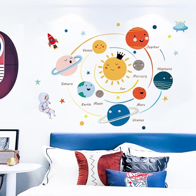 Quanhaigou 3D Solar Space Wall Decals Stickers Wall Murals Wallpaper Decor for Home Floor Living Room (Solar System)