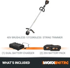 Worx Nitro 40V 15" Cordless String Trimmer with Brushless Motor, Powerful Grass Trimmer with Dual-Exit Bump-Feed Head, Lightweight Weed Trimmer Easy-Load Spool Head – Batteries & Charger Included