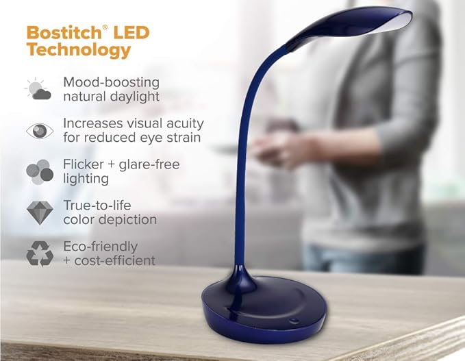 Bostitch Office KT-VLED1502-BLUE Gooseneck LED Desk Lamp with USB Charging Port, Dimmable, Navy Blue