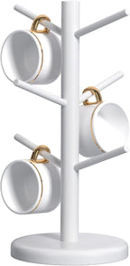 Dorhors Mug Holder Tree,Coffee Cup Holder,Mug Rack Stand Hook,Bar Organizer | White Wood Coffee Station Accessories 6 Hook,Coffee Shelf Decor for Kitchen Countertop,Counter Storage Display Mug,Cup