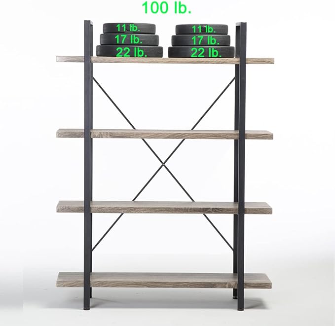 HSH 4-shelf Vintage Industrial Bookshelf, Rustic Gray Wood and Metal 4 Tier Bookcase, Open Wide Etagere Book Shelf for Home Office Livingroom Bedroom Dispaly, Light Grey Oak