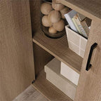 Sauder Beginnings Bookcase with Doors, L: 24.65" x W: 11.65" x H: 71.14", Summer Oak Finish & Beginnings Desk, L: 40.39" x W: 17.48" x H: 28.82", Summer Oak Finish