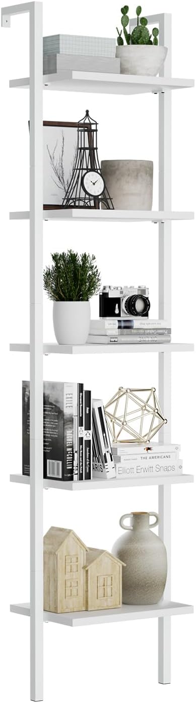 NUMENN Industrial Ladder Shelf, 5 Tier Book Shelf, Open Space Wall Mount Bookshelf with Metal Frame, Sturdy Book Shelves, Bookcase for Living Room, Home Office, White