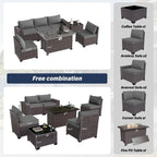 Patio Furniture Sectional Sofa Set 7 Pieces PE Rattan Patio Conversation Set w/43in Gas Fire Pit Table, Outdoor Furniture with 55000 BTU Propane Fire Pit, Grey