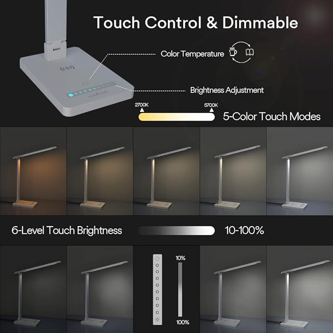 Eye-Caring LED Desk Lamp Table Lamp Reading Lamp Touch lamp with Wireless Charger and USB Port,Foldable Dimmable Small Table Desk Lamp for Living Room Bedroom Bedside Office Study,Modern White