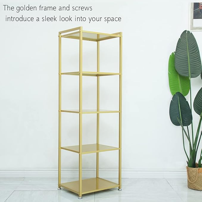 Gold Shelf, Gold Bookcase, 5-Tier Bookshelf Shoe Purse Handbag Rack Shelving Unit Etagere Tall Narrow Metal Corner Shelf Boutique Display Storage Retail Commercial Stand(19.7x15.7x63)