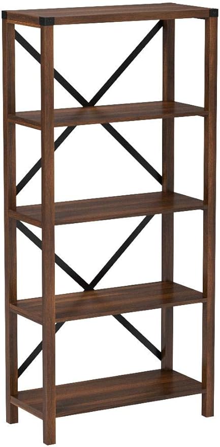 Walker Edison 4 shelves Andersen Urban Industrial Metal X Back Bookshelf, 64 Inch, Dark Walnut