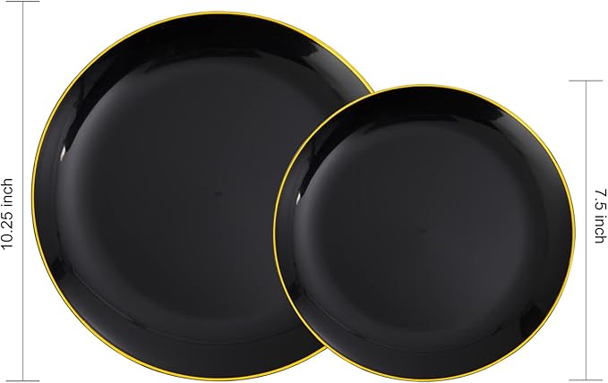 KIRE 60PCS Black Plastic Plates - Black Disposable Plates with Gold Rim for Halloween Party/Graduation - Include 30Pcs 10.25inch for Dinner and 30Pcs 7.5inch for Dessert