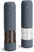 TLYSXPRO Electric Salt and Pepper Grinder Set with USB Rechargeable, Automatic One Hand Operation with Adjustable Coarseness, Pepper Mill Grinder Refillable with LED Light (2 Packs, Blue-Grey)