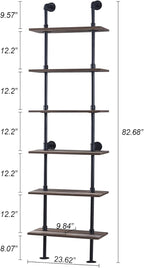 HOMBAZAAR Industrial Bookshelf, 6-Tier Industrial Pipe Bookshelf, Wall Mounted Ladder Shelves with Metal Frame for Home Office, Living Room, Oak Brown