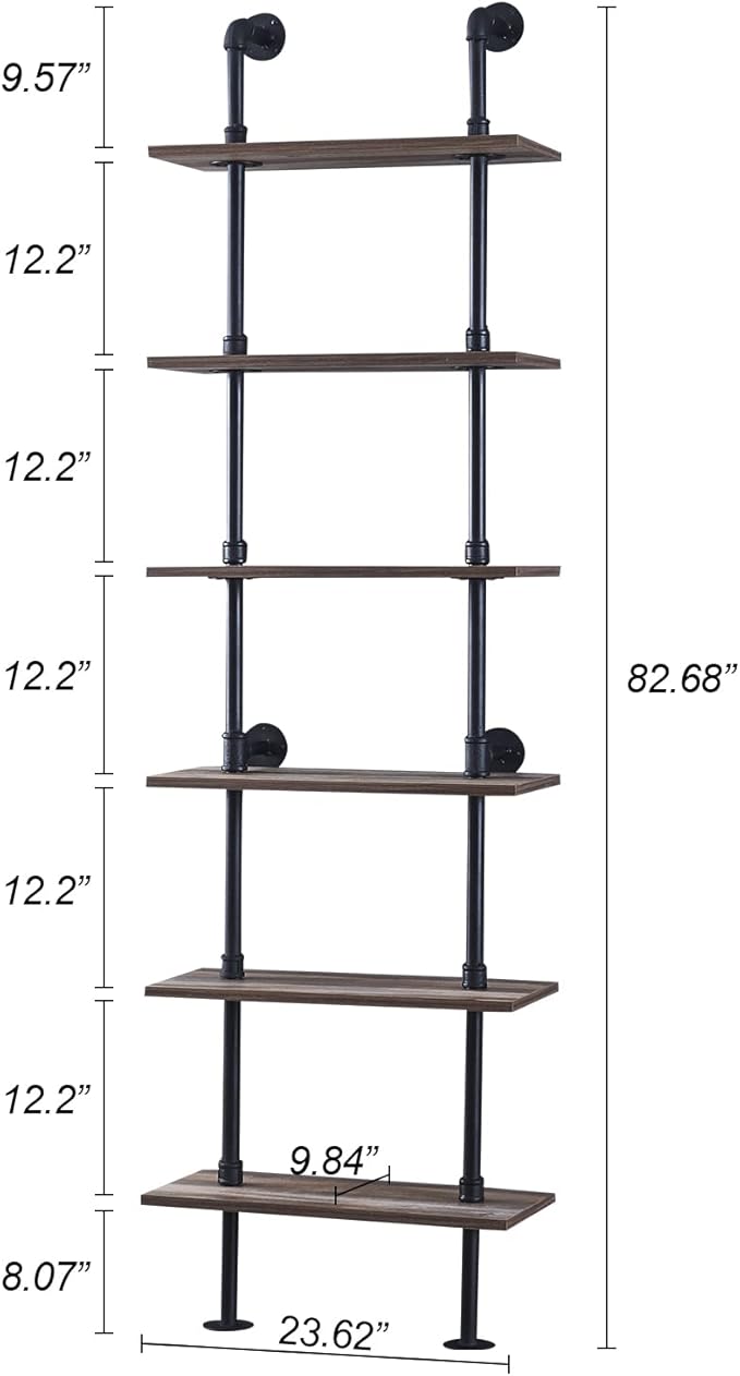 HOMBAZAAR Industrial Bookshelf, 6-Tier Industrial Pipe Bookshelf, Wall Mounted Ladder Shelves with Metal Frame for Home Office, Living Room, Oak Brown