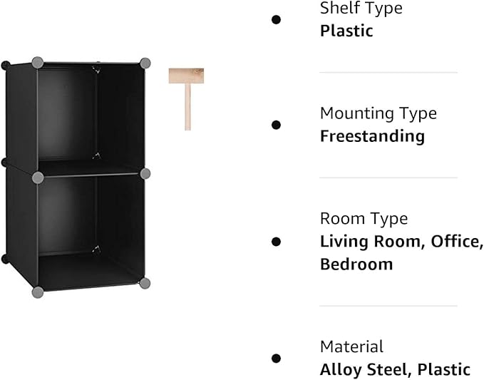 C&AHOME Cube Storage, 2-Cube Organizer Units, Plastic Closet Storage Shelves, DIY Book Shelf, Modular Bookcase, Cabinet Ideal for Bedroom, Living Room, Home Office, 12.4" L x 12.4" W x 24.8" H Black