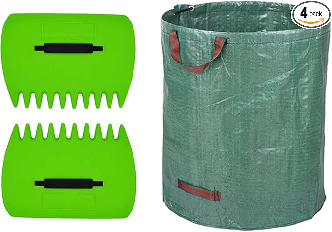 CFH-ALLEZ 1 Pair Lawn Claws Leaf Scoop Collect + 1 Pack 72 Gallons Reusable Light Green Garden Bag