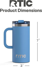 RTIC 16oz Road Trip Travel Mug with Lid and Handle, Insulated, Stainless Steel, Metal, Double Wall Vacuum-Insulation, Ceramic Lined, Portable Coffee, Tea Cup for Hot and Cold Drink, Denim
