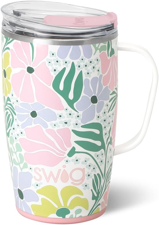 Swig Life 18oz Insulated Travel Mug with Handle & Lid, Garden Party | Triple Insulated Stainless Steel - Handle & Lid Included - Keeps Coffee Hot or Cold - Cup Holder Friendly