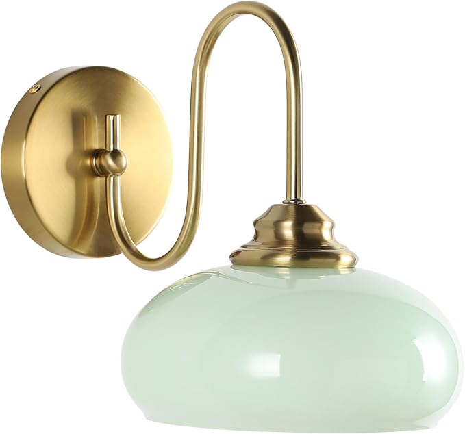 Mid Century Wall Sconce Green Glass Globe Wall Lamp for Dining Room Modern Gold Semi Flush Mount Hard-Wired Wall Light Fixture for Hallway, Kitchen, Indoor Use