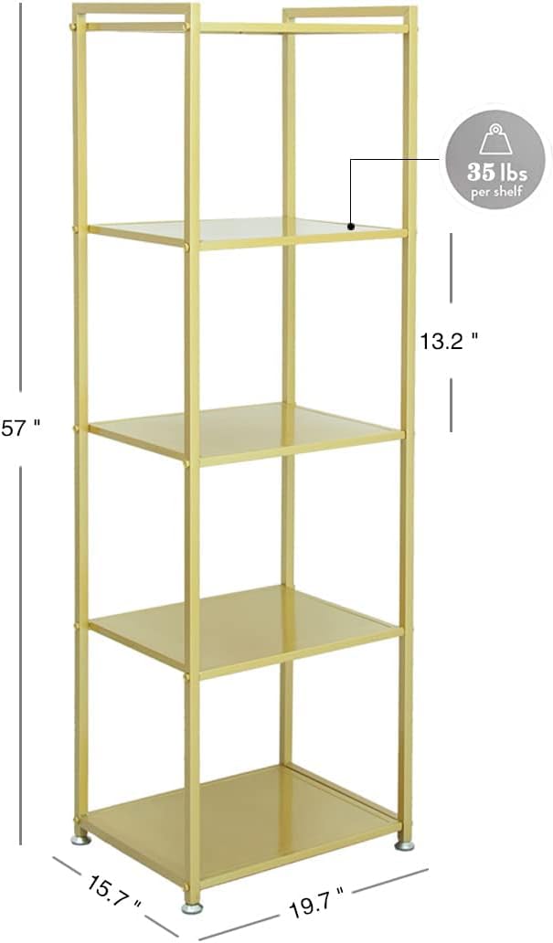 Gold Shelf, Gold Bookcase, 5-Tier Bookshelf Shoe Purse Handbag Rack Shelving Unit Etagere Tall Narrow Metal Corner Shelf Boutique Display Storage Retail Commercial Stand(19.7x15.7x63)