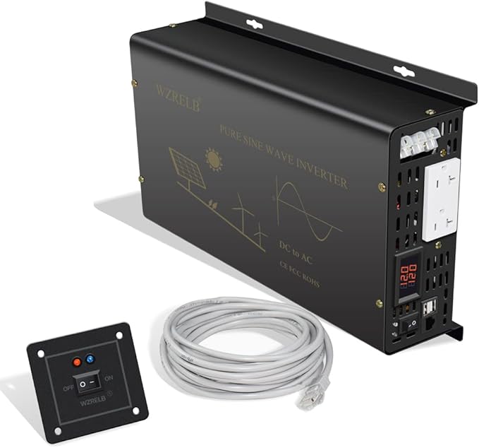 WZRELB Pure Sine Wave Power Inverter 3000W 12VDC to 120VAC 6000W Peak Dual AC Outlets &2× 2.4A USB Port &Hardwire Terminal with 16ft Remote Conrtol Off-Grid Solar Converter RV Trucks (VC300012U5WD-1)