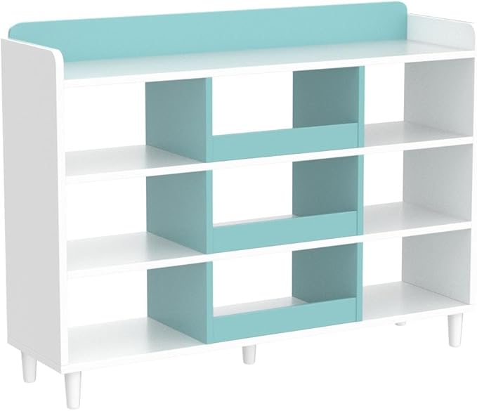Wooden Cube Bookcase with Legs - 3-Tier Open Shelf Kidsroom Sorted Storage Cabinet Organizer for Books and Toys, 9-Cube Lattice Cute Cubby Bookshelf in White Mixed Westlake Blue, 39" W