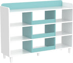 Wooden Cube Bookcase with Legs - 3-Tier Open Shelf Kidsroom Sorted Storage Cabinet Organizer for Books and Toys, 9-Cube Lattice Cute Cubby Bookshelf in White Mixed Westlake Blue, 39" W