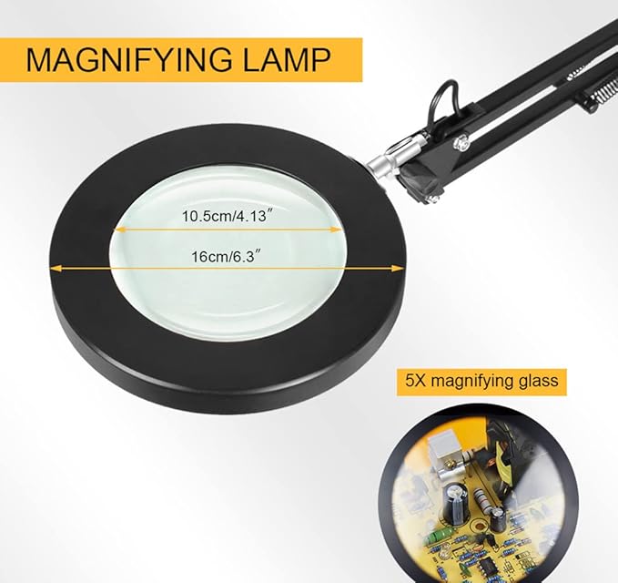 Meichoon LED Desk Lamp with Round Base 5X Magnifying Glass Foldable Arm Eye-Caring USB Table Light 3 Color Modes 10 Brightness Levels for Home Office Reading Makeup Crafts Repair UC38 Black