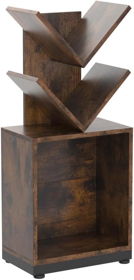 ruboka 2-Shelf Tree Bookshelf with Storage, 26.5-Inch Retro Floor Standing Bookcase Display for CDs/Magazine/Books, Small Bookshelf for Bedroom, Living Room, Office, Brown Storage Shelves