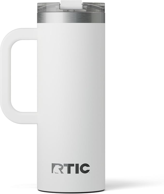 RTIC 20oz Road Trip Travel Mug with Lid and Handle, Ceramic Lined, Insulated, Stainless Steel, Metal, Double Wall Vacuum-Insulation, Portable Coffee, Tea Cup for Hot and Cold Drink, White
