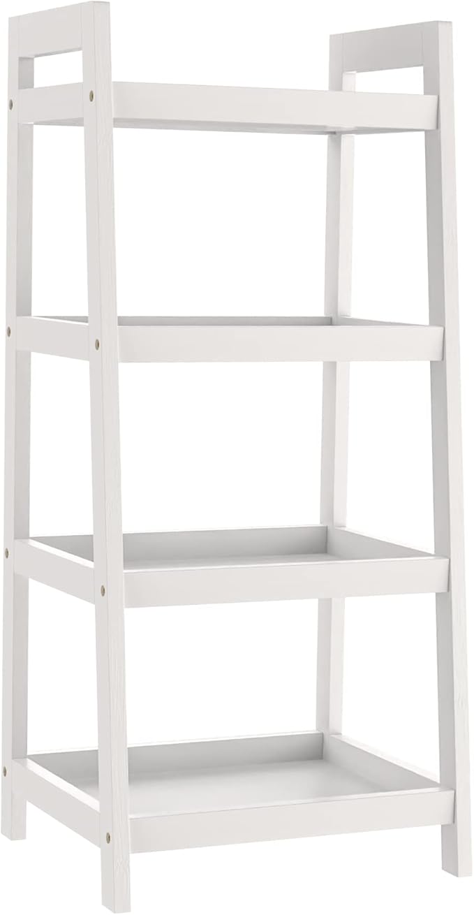 4 Tier Bamboo Bookshelf, Free Standing Ladder Shelf, Storage Shelf Rack for Bathroom, Kitchen, Living Room - White