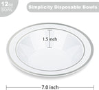 BESTVIP 50 Pack Plastic Bowls with Silver Rim, 12 oz Disposable Soup Bowls, Heavy-duty Dessert Salad Bowl for Party, Wedding, Christmas, Thanksgiving Catering and Dinner