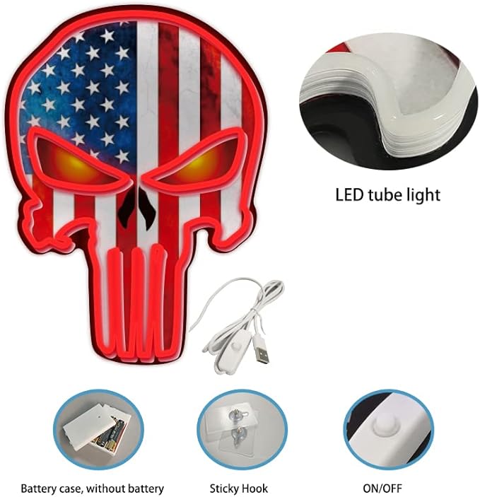 American Flag Skull Neon Sign – LED Wall Light for Game Room, Bar, Man Cave, Bedroom – USB or Battery Powered Acrylic Skull Decor for Halloween, Party, Retro Gaming Room