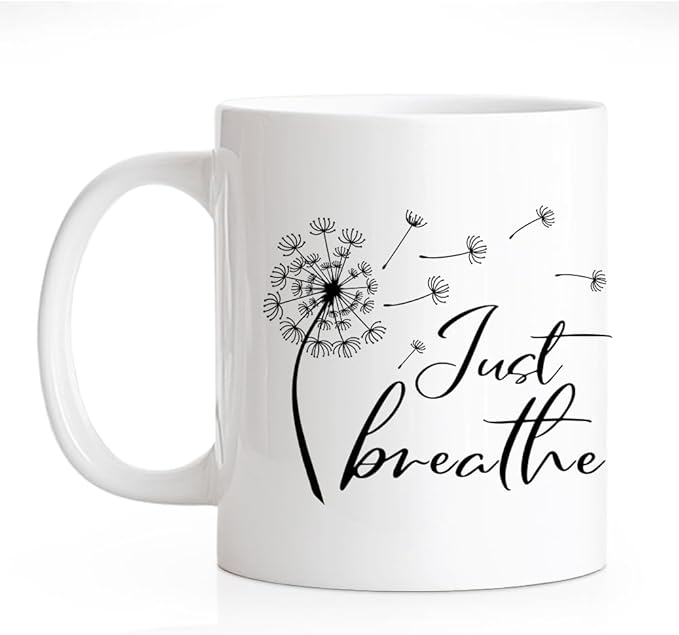 RZHV Just Breathe 11 Oz Novelty Mug, Funny Dandelion Coffee Mug for Floral Lover, Calming Gifts for Yoga Lover, Meditation Mental Health Gifts for Women