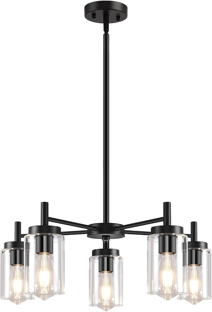 5 Lights Black Modern Farmhouse Chandelier for Dining Room with Glass Shade, Pre-Wired Height Adjustable Pendant Light Ceiling Lighting Fixture for Dining Living Room Bedroom Kitchen Foyer