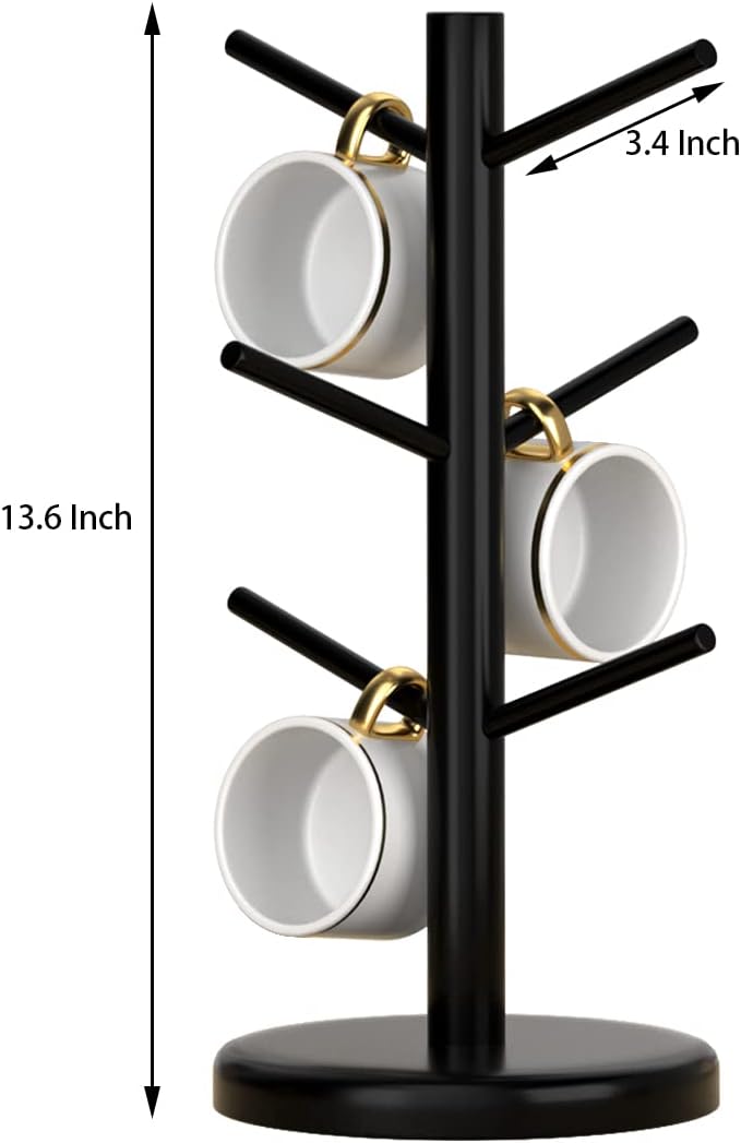 Dorhors Mug Holder Tree,Coffee Cup Holder,Mug Rack Stand Hook,Bar Organizer | Black Wood Coffee Station Accessories 6 Hook,Coffee Shelf Decor for Kitchen Countertop,Counter Storage Display Mug,Cup